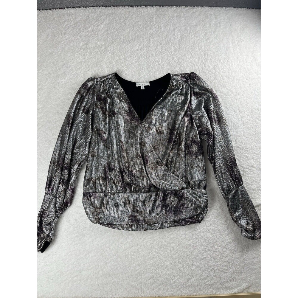 Anthropologie Maison De Amelie Top Womens L Shimmer Silver Puff Long Sleeve Chic